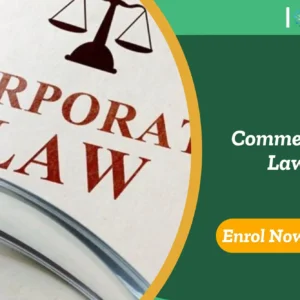 Corporate Law document with pen; banner promotes Commercial Law course.