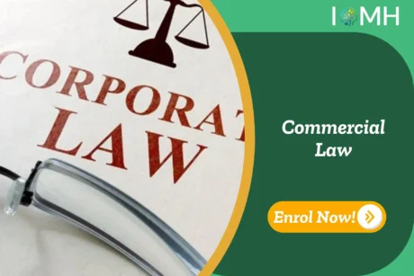Corporate Law document with pen; banner promotes Commercial Law course.