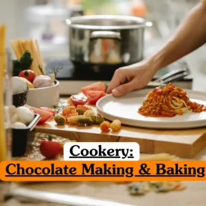 Theoretical pastry arts and professional confectionery training banner featuring a clean, rustic wooden kitchen counter beautifully arranged with baking ingredients and raw chocolate components.