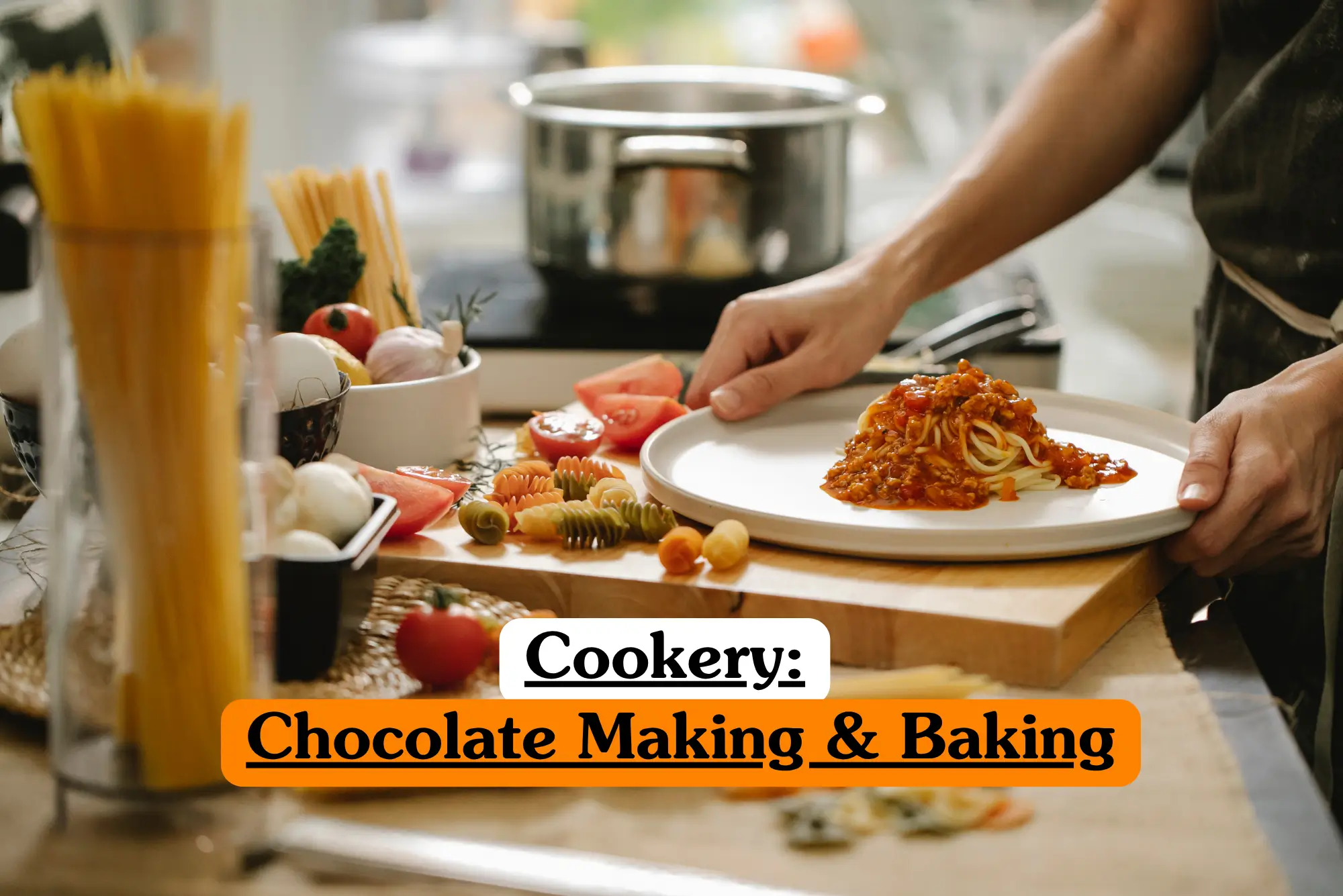 Theoretical pastry arts and professional confectionery training banner featuring a clean, rustic wooden kitchen counter beautifully arranged with baking ingredients and raw chocolate components.