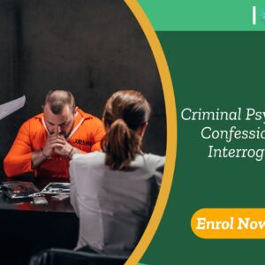 Interrogation scene featuring suspect and investigators; banner highlights UK-based “Criminal Psychology: Confession and Interrogation” course by IOMH.