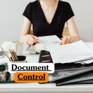 Theoretical quality management and information governance training banner featuring a professional woman in a modern, organized office environment.