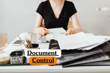 Theoretical quality management and information governance training banner featuring a professional woman in a modern, organized office environment.