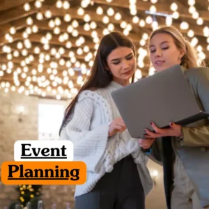 Theoretical hospitality and project management training banner featuring a female event planner in a pink blazer standing in a beautifully decorated outdoor venue.