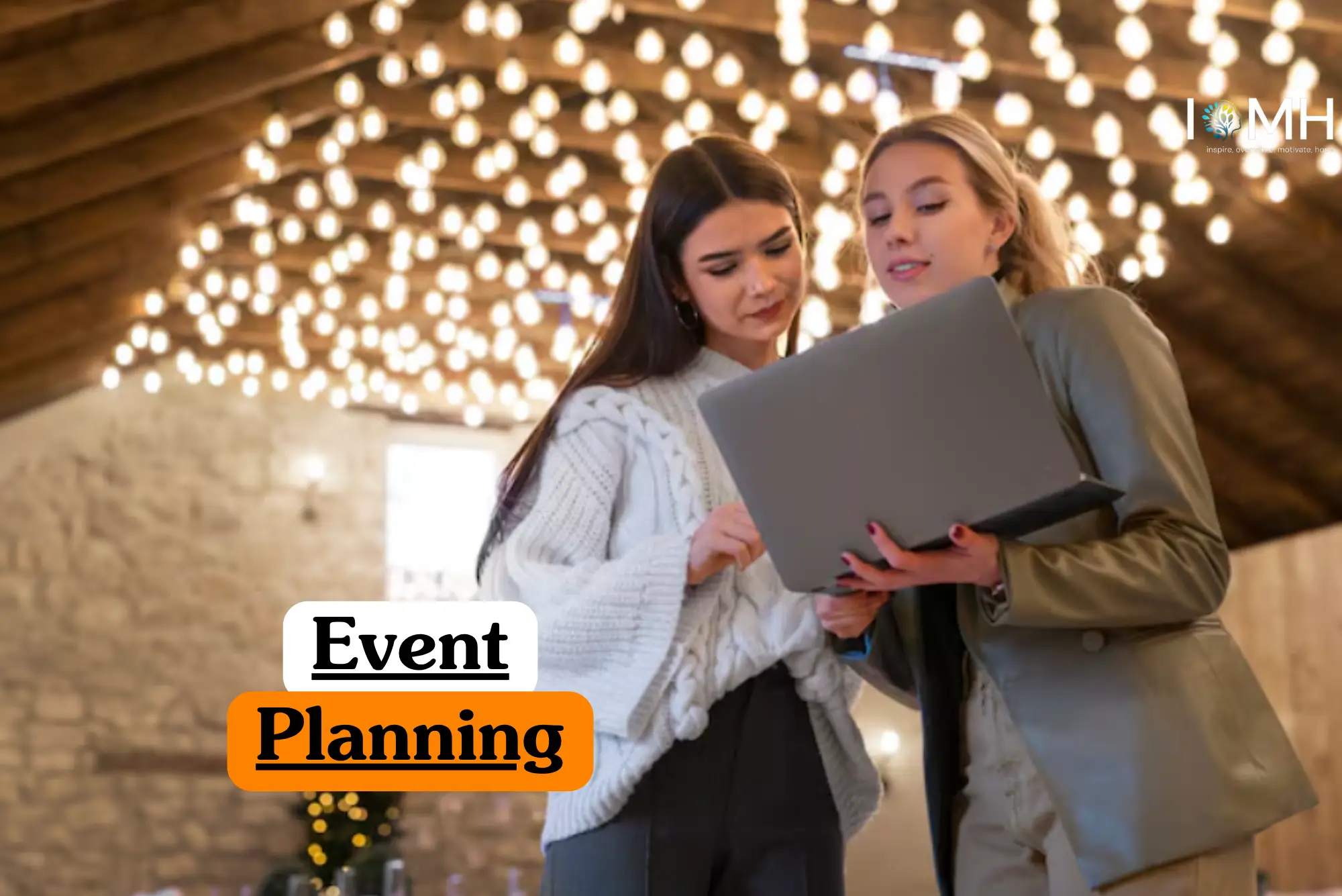 Theoretical hospitality and project management training banner featuring a female event planner in a pink blazer standing in a beautifully decorated outdoor venue.