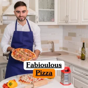 Fabiuolous Pizza course banner with chef in blue apron holding baked pizza and preparing fresh ingredients in modern kitchen.