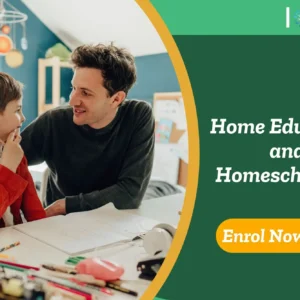 Parent and child doing maths at home; banner promotes Home Education and Homeschooling course.