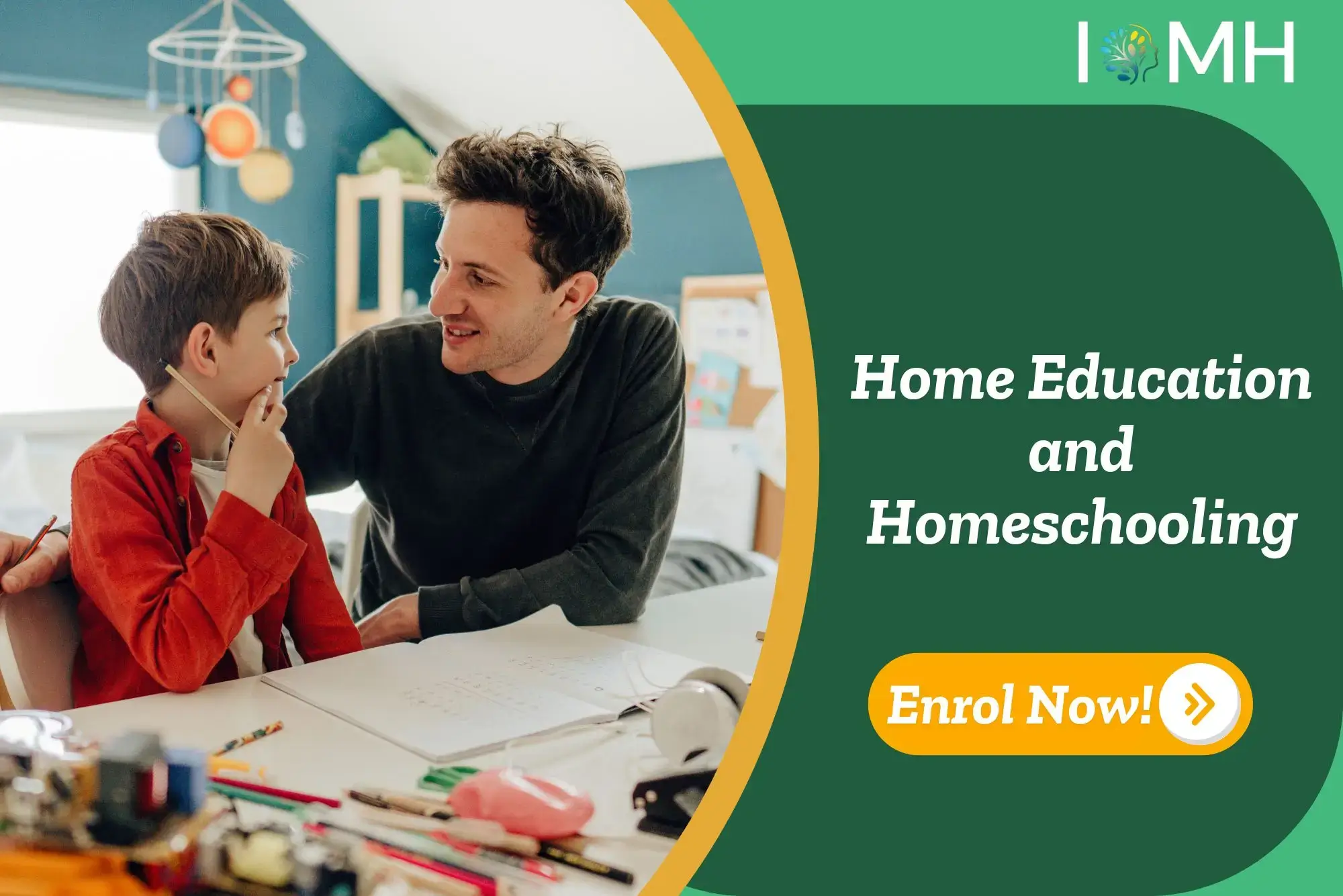 Parent and child doing maths at home; banner promotes Home Education and Homeschooling course.