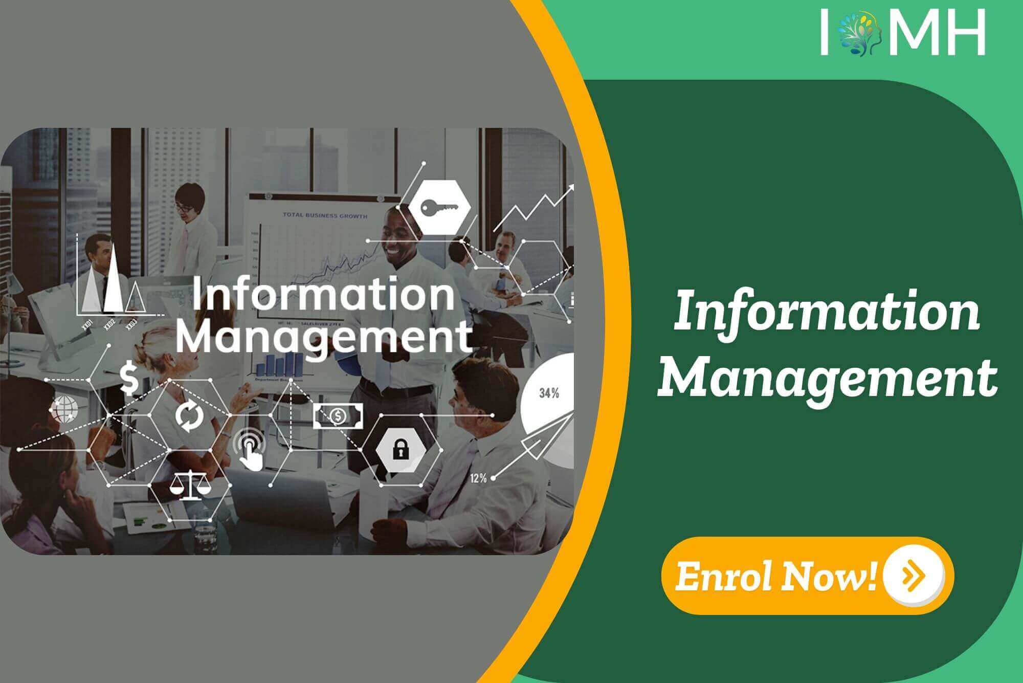 Information Management training banner with business meeting scene, digital data icons, and enrol now.