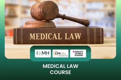 Medical Law Course training banner with judge’s gavel resting on book titled medical law in academic legal setting.