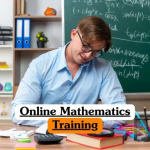 Online Mathematics Training course banner with student at desk studying equations on chalkboard with books calculator and stationery.