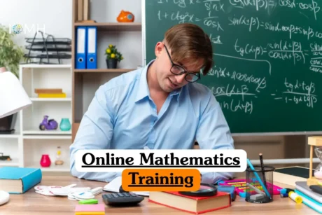 Online Mathematics Training course banner with student at desk studying equations on chalkboard with books calculator and stationery.