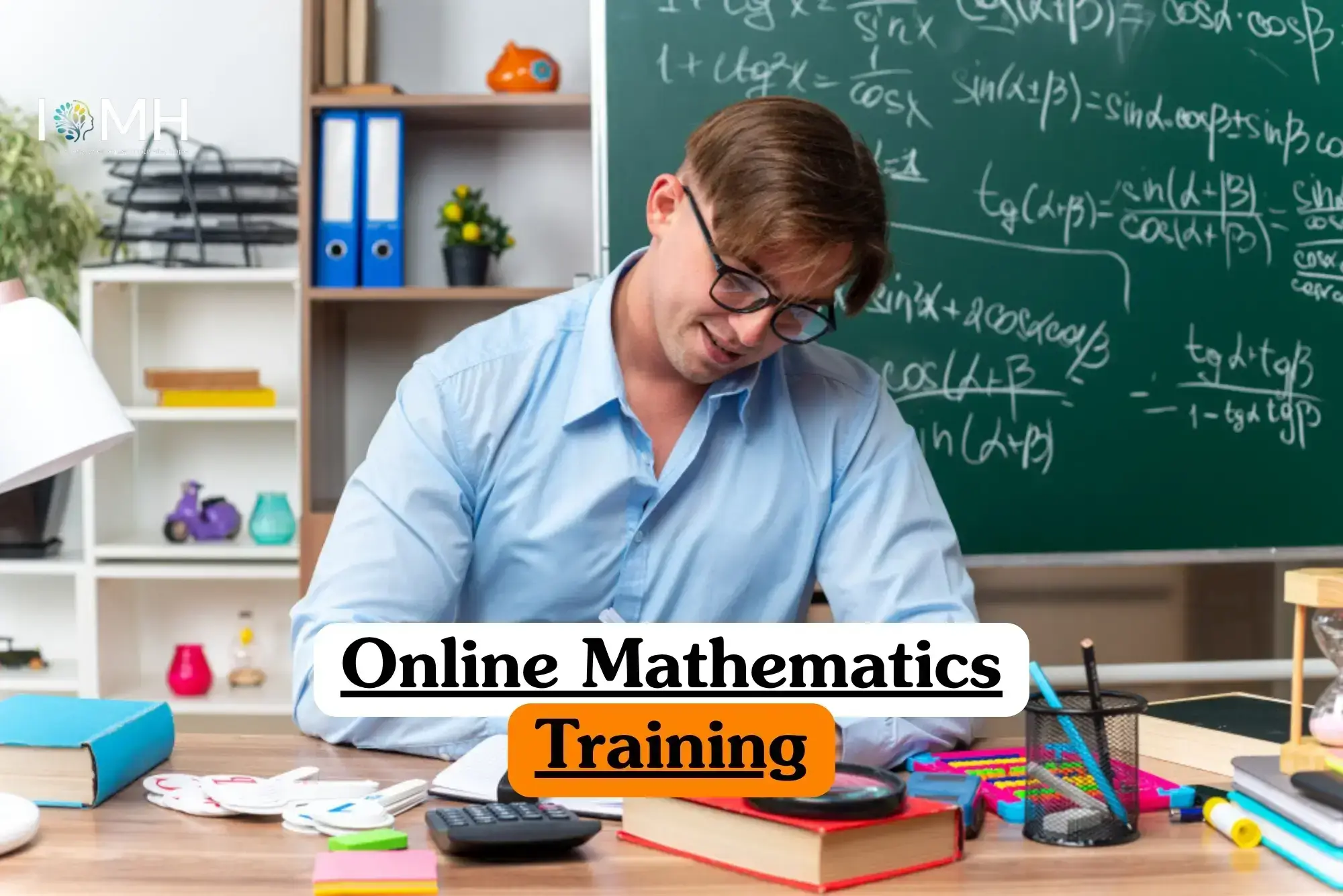 Online Mathematics Training course banner with student at desk studying equations on chalkboard with books calculator and stationery.