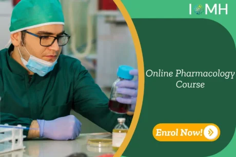 Laboratory technician examines liquid sample in clinical setting; promotional banner highlights UK-based Online Pharmacology Course by IOMH.