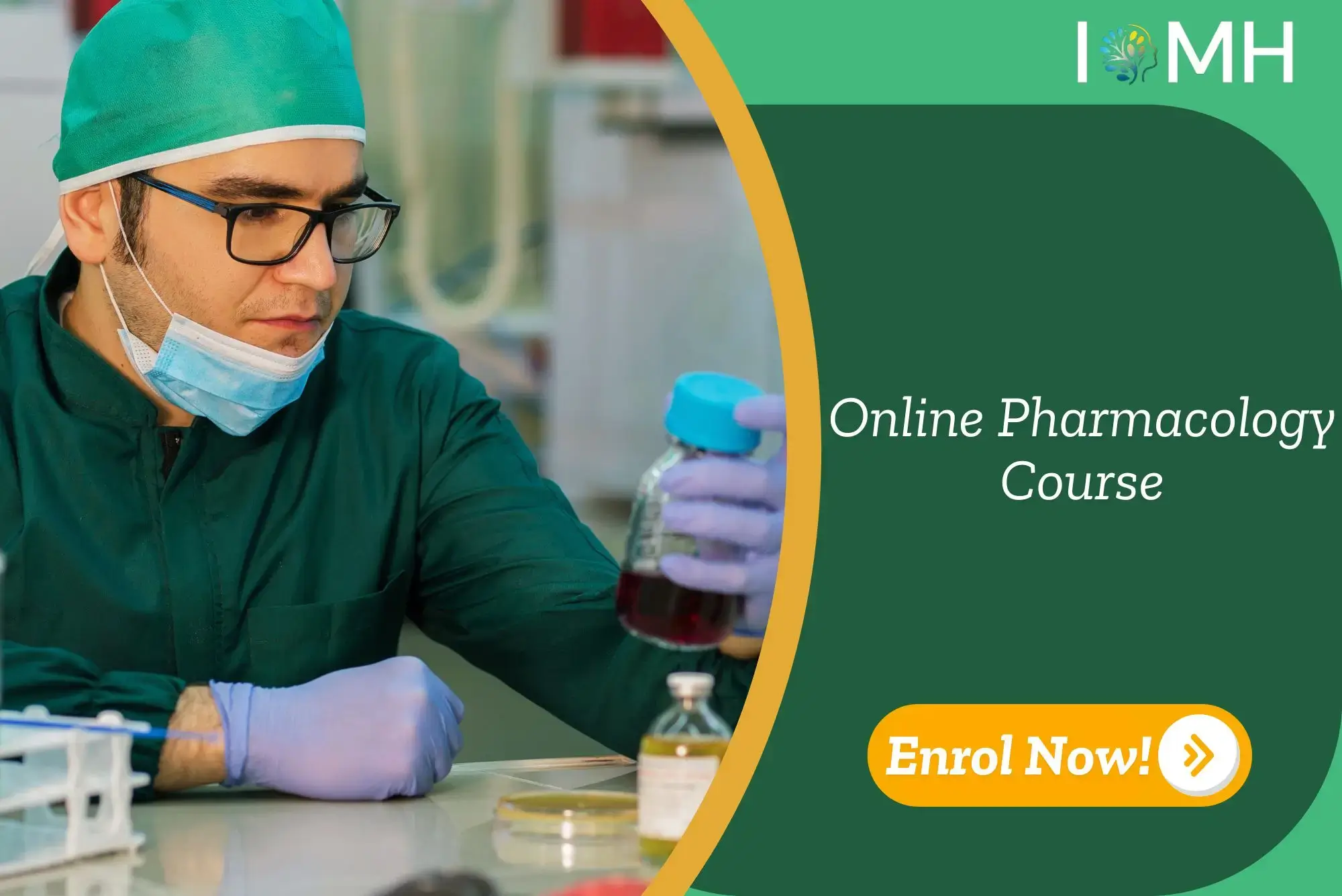 Laboratory technician examines liquid sample in clinical setting; promotional banner highlights UK-based Online Pharmacology Course by IOMH.