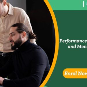 Performance Coaching and Mentoring training banner with professional working on computer while colleague observes holding coffee mug and enrol now.