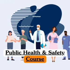 Public Health & Safety Course banner with illustrated diverse healthcare and public service team including doctor nurse and professionals standing together on abstract blue background.