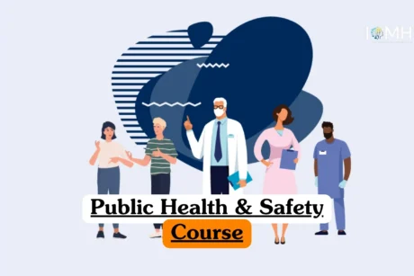 Public Health & Safety Course banner with illustrated diverse healthcare and public service team including doctor nurse and professionals standing together on abstract blue background.