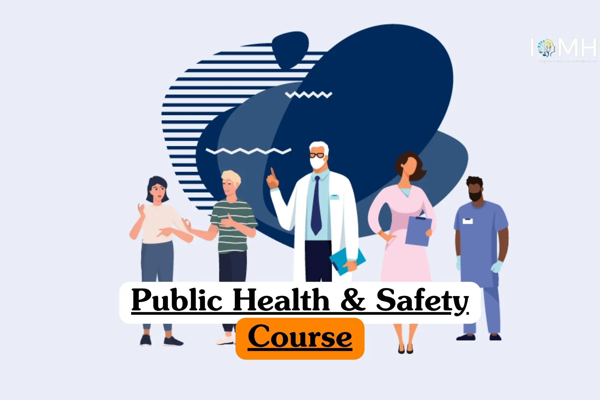 Public Health & Safety Course banner with illustrated diverse healthcare and public service team including doctor nurse and professionals standing together on abstract blue background.