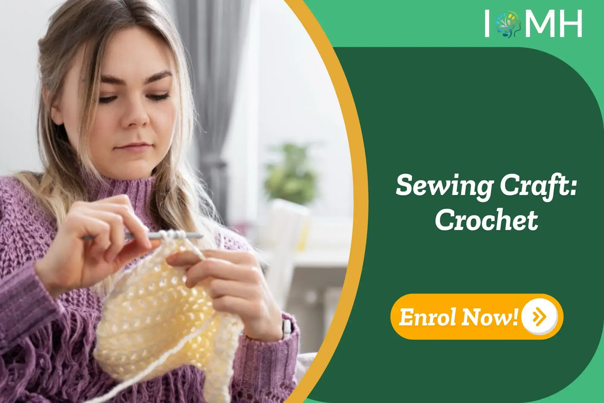 Individual engaged in crochet craftwork using hook and yarn; promotional banner highlights UK-based Sewing Craft: Crochet course.