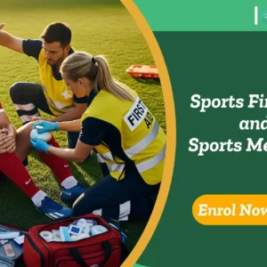 First aid team treats injured athlete’s knee on sports field; banner promotes Sports First Aid and Sports Medicine course.
