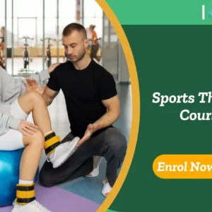 Sports therapist supports client on exercise ball; banner promotes Sports Therapy Course.