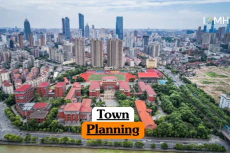 Theoretical urban design and civil engineering training banner featuring a male professional in a smart blazer standing in a modern architectural space.