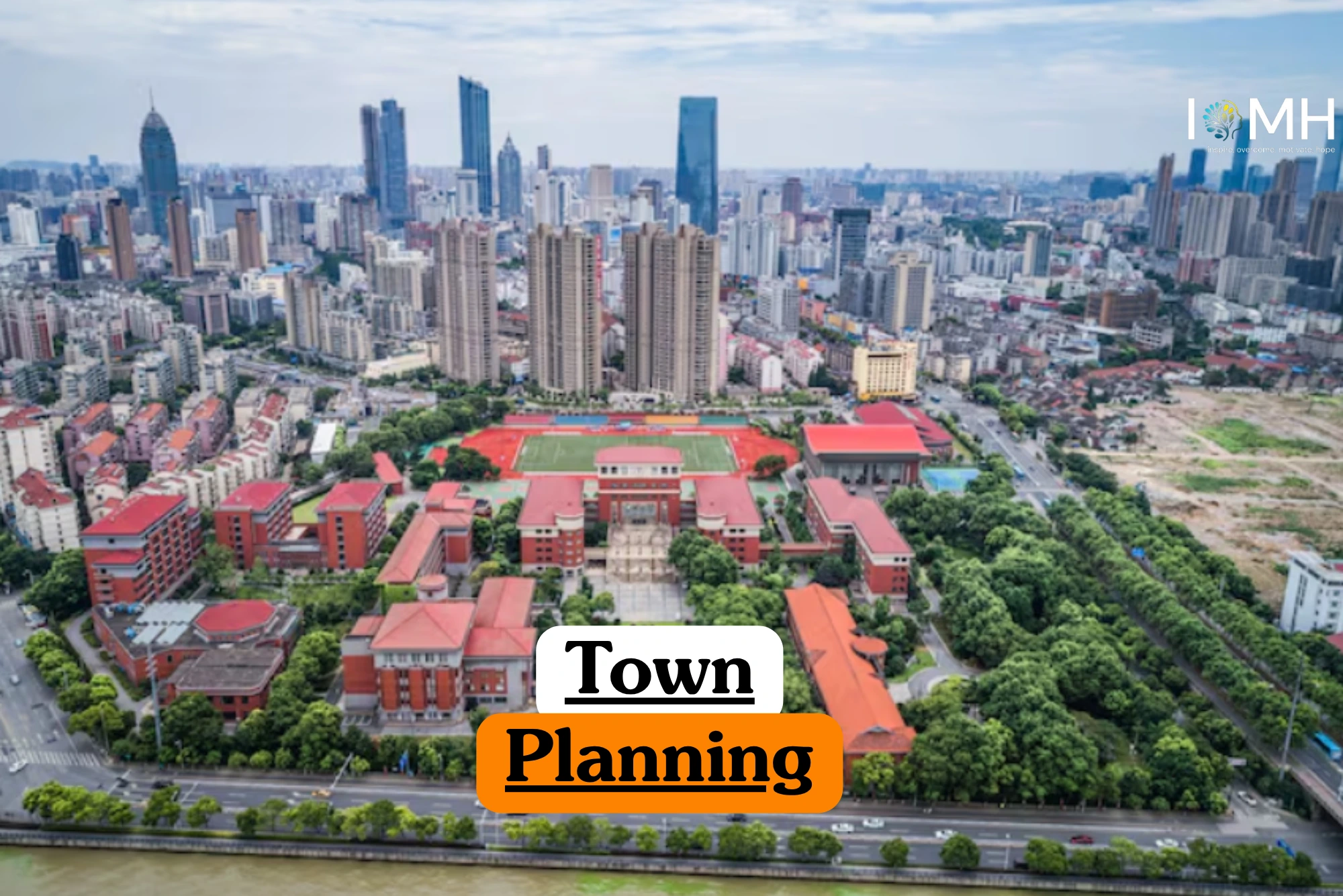 Theoretical urban design and civil engineering training banner featuring a male professional in a smart blazer standing in a modern architectural space.