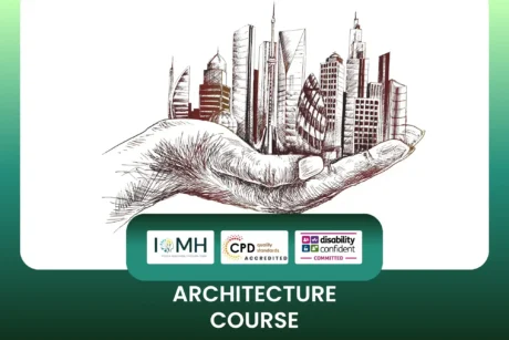 Architecture Course banner with illustrated hand holding modern cityscape of skyscrapers and CPD accreditation logos.