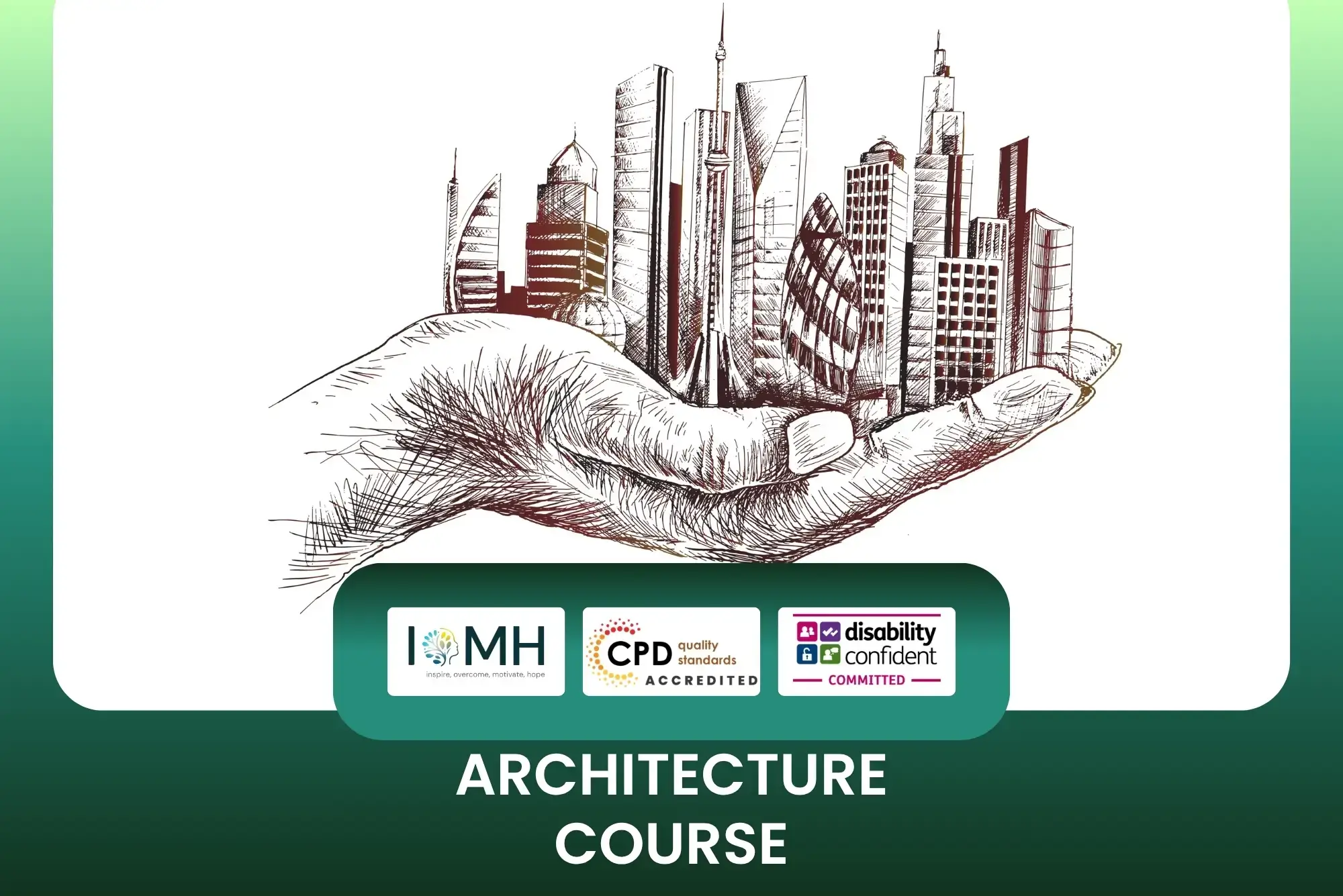 Architecture Course banner with illustrated hand holding modern cityscape of skyscrapers and CPD accreditation logos.