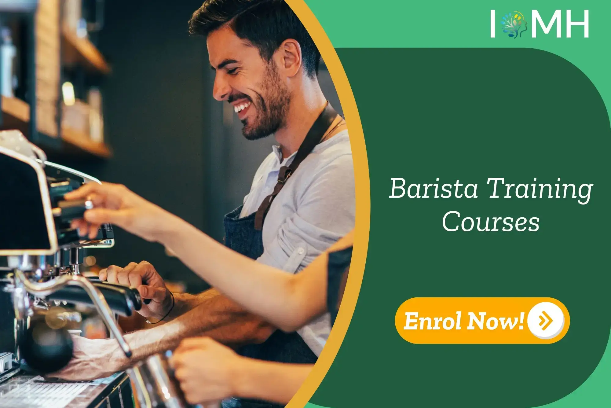 Two baristas work together at an espresso machine in a café setting; a promotional banner promotes Barista Training Courses.