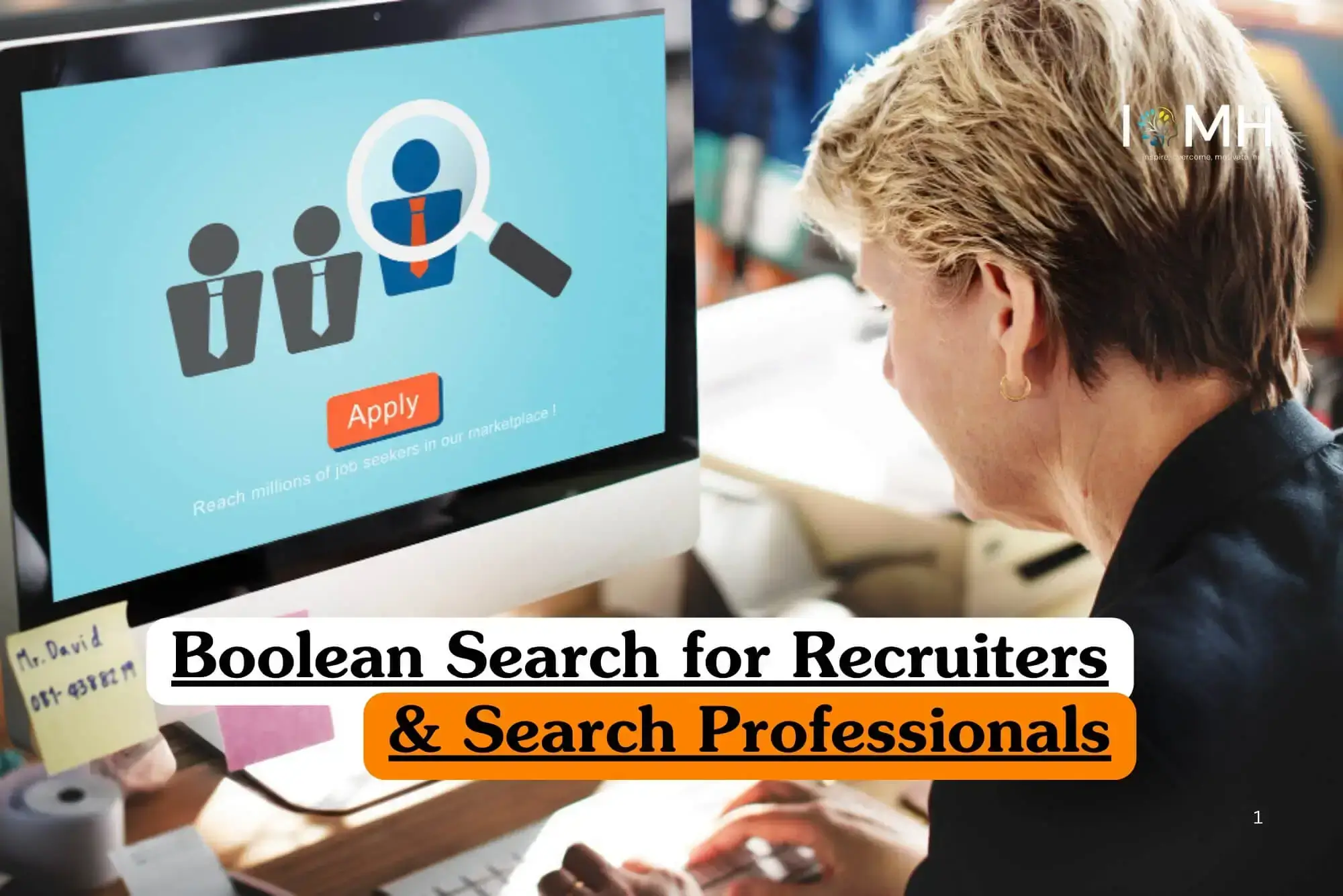 Boolean Search for Recruiters course banner with recruiter at desk viewing candidate search graphic.