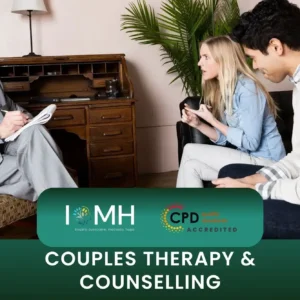 Couples therapy session with therapist taking notes; banner promotes CPD-accredited Couples Therapy and Counselling training course.