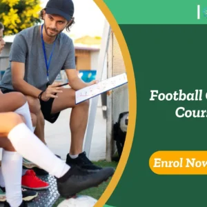 A coach instructs youth football players, while a banner promotes the youth football program, and another banner promotes the Football Coach Course.