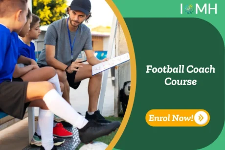 A coach instructs youth football players, while a banner promotes the youth football program, and another banner promotes the Football Coach Course.