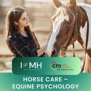Person bonding with horse outdoors; banner promotes CPD-accredited equine psychology -horse care training.