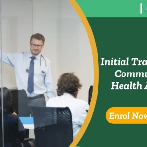 Healthcare trainer leading classroom session; banner promotes Community Health Agent training.