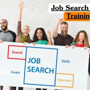 Job Search Skills Training course banner with group of seven enthusiastic people holding large sign featuring keywords search goals skills interview job search in front of white brick wall.