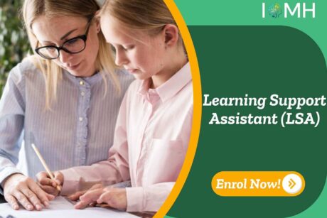 Learning Support Assistant (LSA) training banner with adult guiding child using pencil and paper at desk and enrol now.