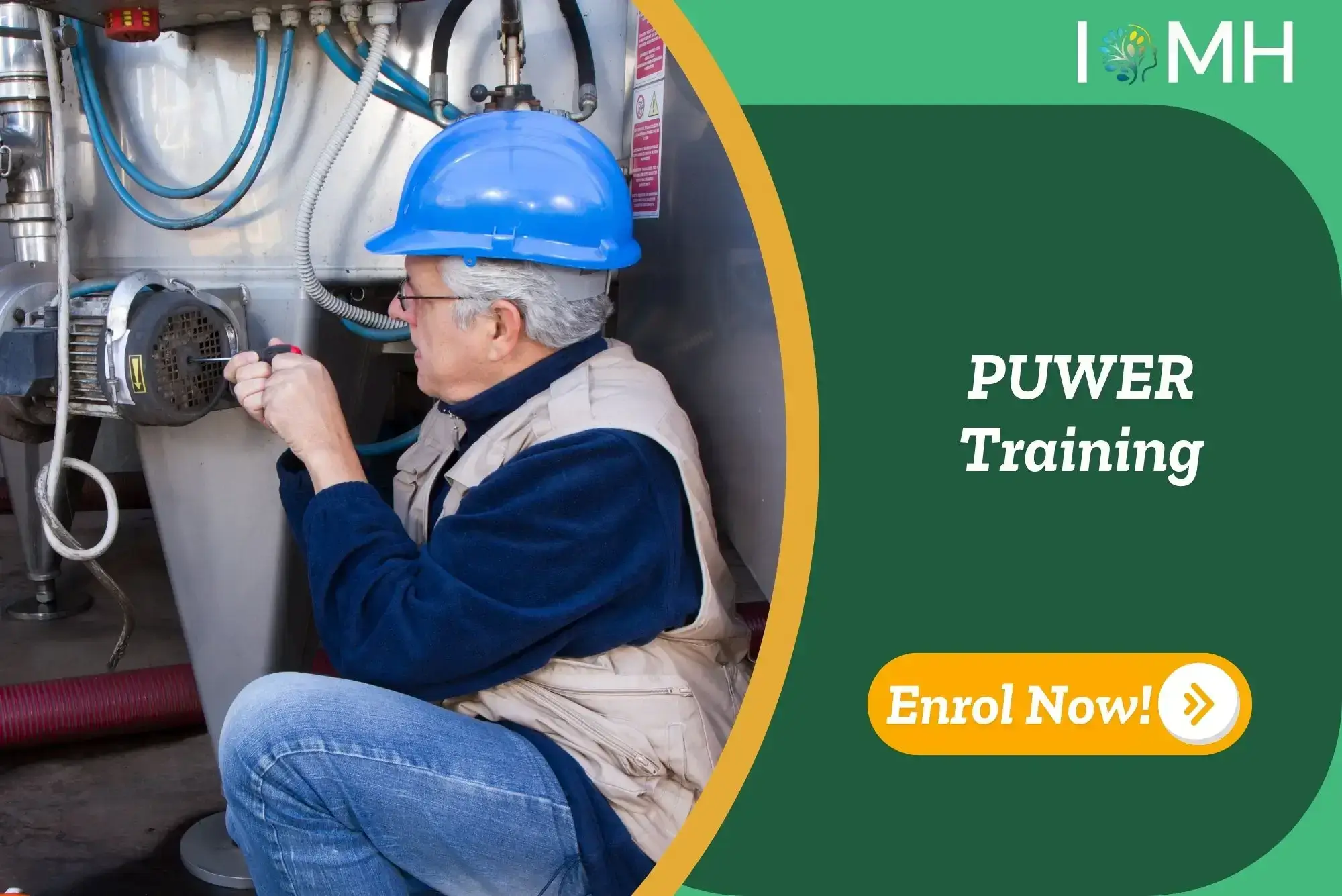 Worker inspecting machinery; banner promotes PUWER Training course.