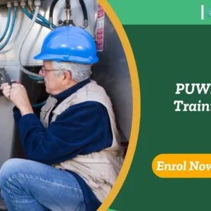 Worker inspecting machinery; banner promotes PUWER Training course.