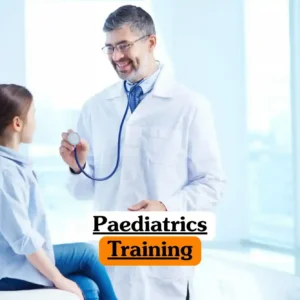 Paediatrics Training course banner with medical professional in white lab coat holding stethoscope interacting with child sitting on examination table in bright modern clinic with large windows pediatric healthcare education environment.