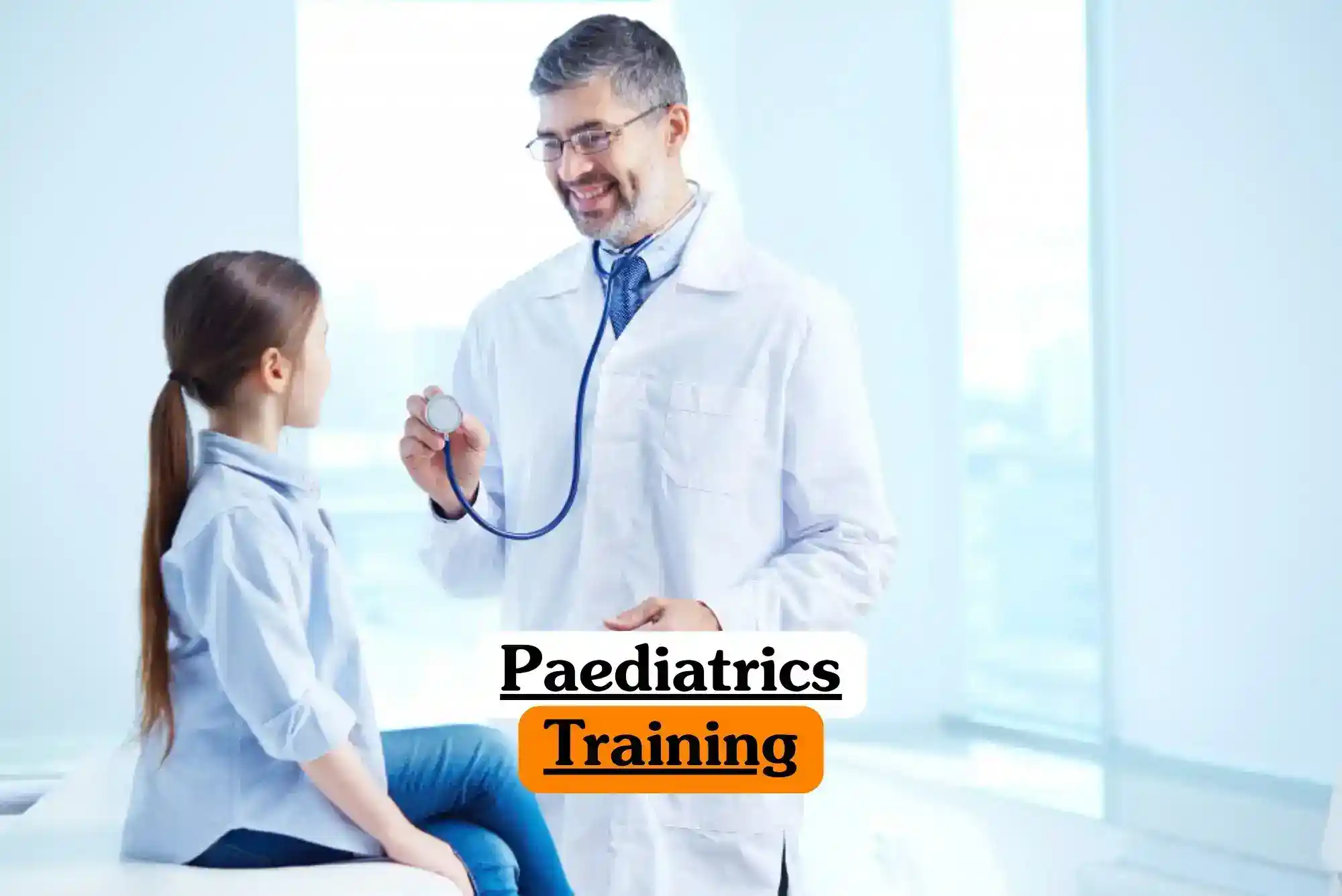 Paediatrics Training course banner with medical professional in white lab coat holding stethoscope interacting with child sitting on examination table in bright modern clinic with large windows pediatric healthcare education environment.