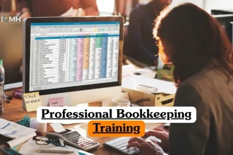Professional Bookkeeping Training course banner with person working at desk using computer spreadsheet showing financial records categories benefits transactions bank fees office equipment alongside calculator papers pen sticky notes and office background.
