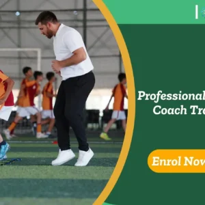 Coach leads youth agility drills indoors; banner promotes IOMH Professional Football Coach Training.