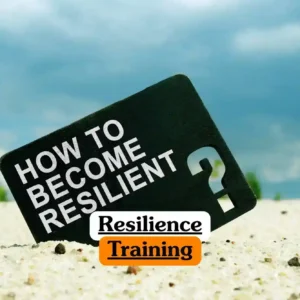 Resilience Training course banner with black rectangular sign embedded in sand reading how to become resilient bold white letters overlay text resilience training with resilience in black on white background and training in black on orange background cloudy blue sky greenery personal development mental strength concept.