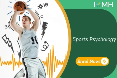 Athlete in mid-air basketball pose with graphic overlays; promotional banner highlights UK-based Sports Psychology Course.