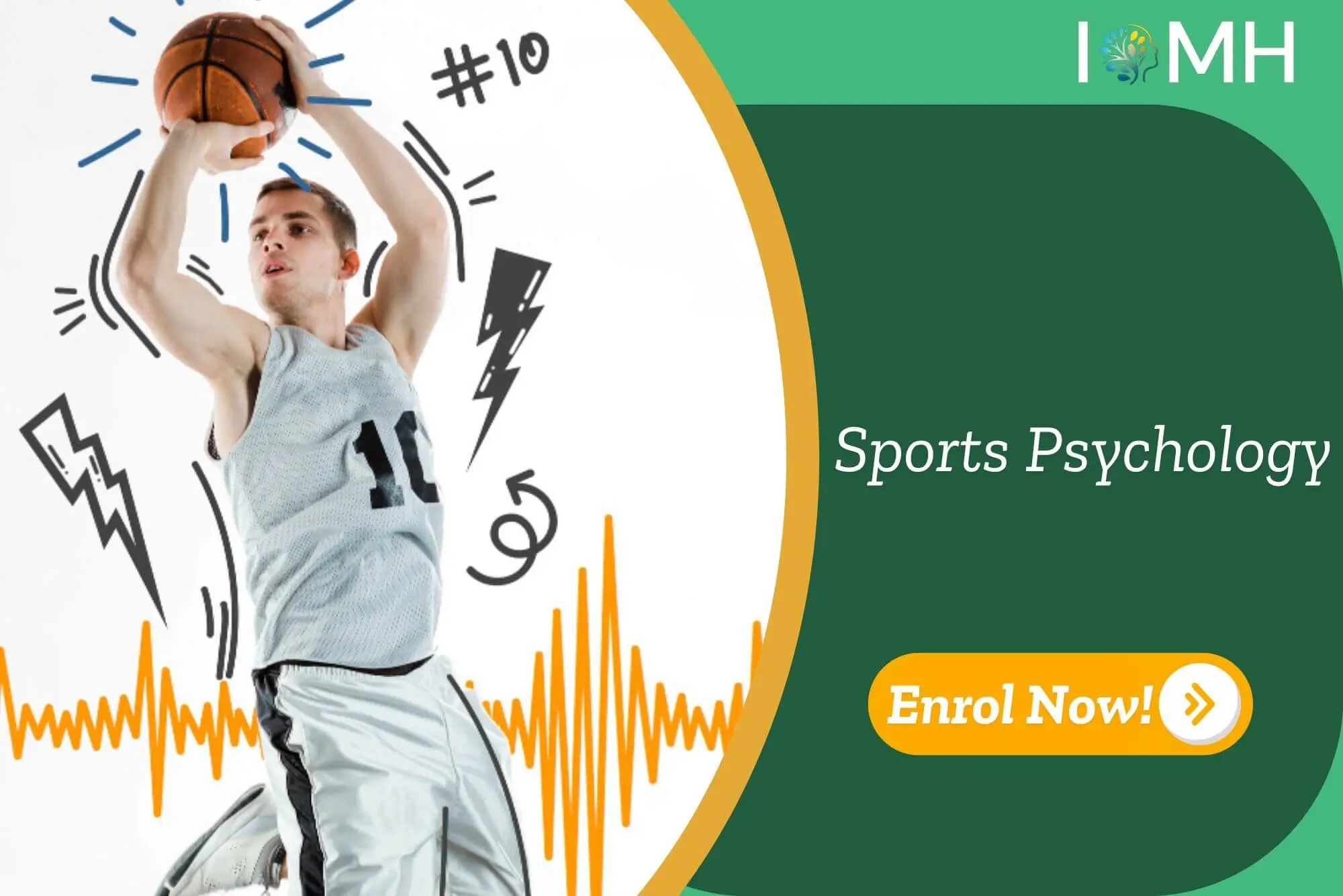 Athlete in mid-air basketball pose with graphic overlays; promotional banner highlights UK-based Sports Psychology Course.
