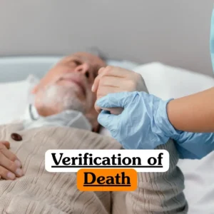 Verification of Death course banner with healthcare worker in blue gloves holding older patient’s hand in hospital bed.