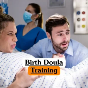 Birth Doula Training course banner with mother in labor supported by partner and medical professional in hospital birthing room.